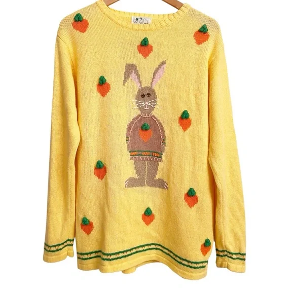 Vintage Quacker Factory Easter Bunny Rabbit Carrot Yellow Orange Sweater Medium - Picture 1 of 6